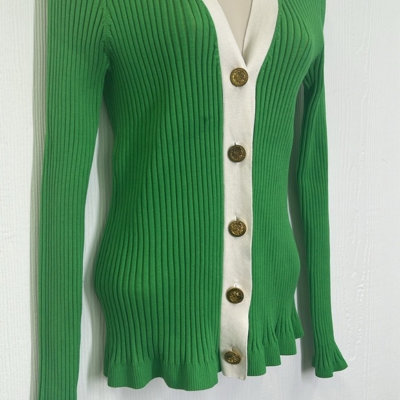 Boston Proper - Ribbed Bright Green White Trim Gold Button Cardigan Size Medium - Picture 4 of 10